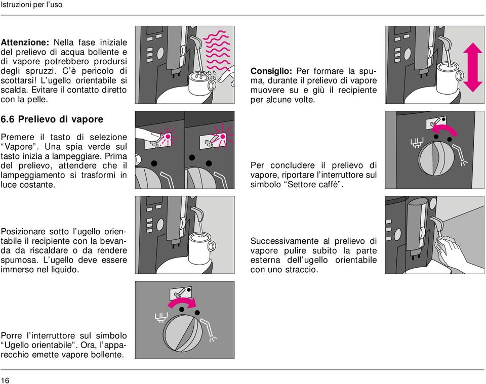 6 Prelievo di vapore Premere il tasto di selezione Vapore. Una spia verde sul tasto inizia a lampeggiare. Prima del prelievo, attendere che il lampeggiamento si trasformi in luce costante.