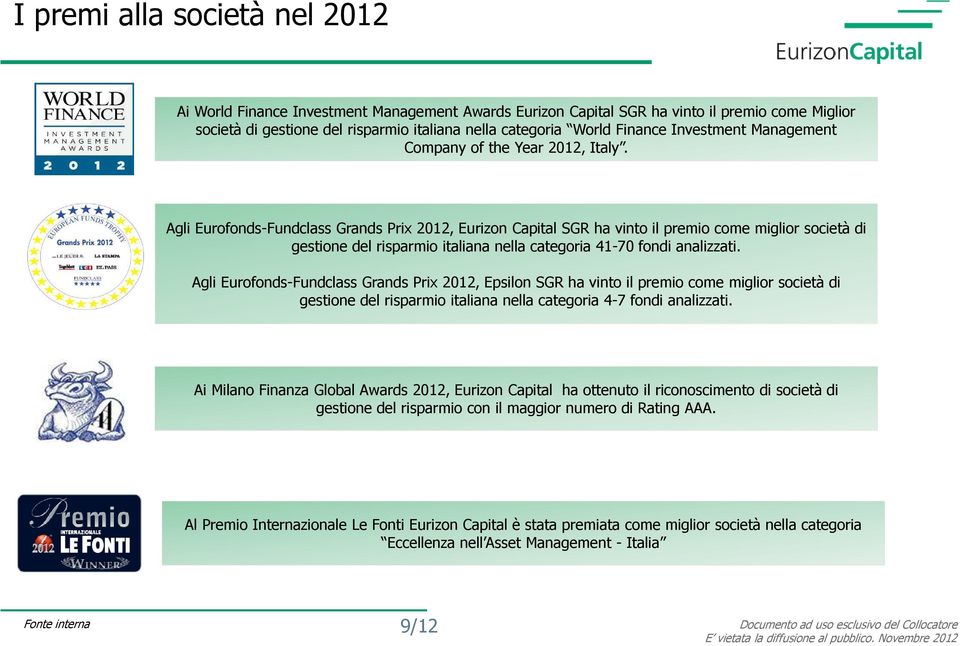 Agli Eurofonds-Fundclass Grands Prix 2012, Eurizon Capital SGR ha vinto il premio come miglior società di gestione del risparmio italiana nella categoria 41-70 fondi analizzati.