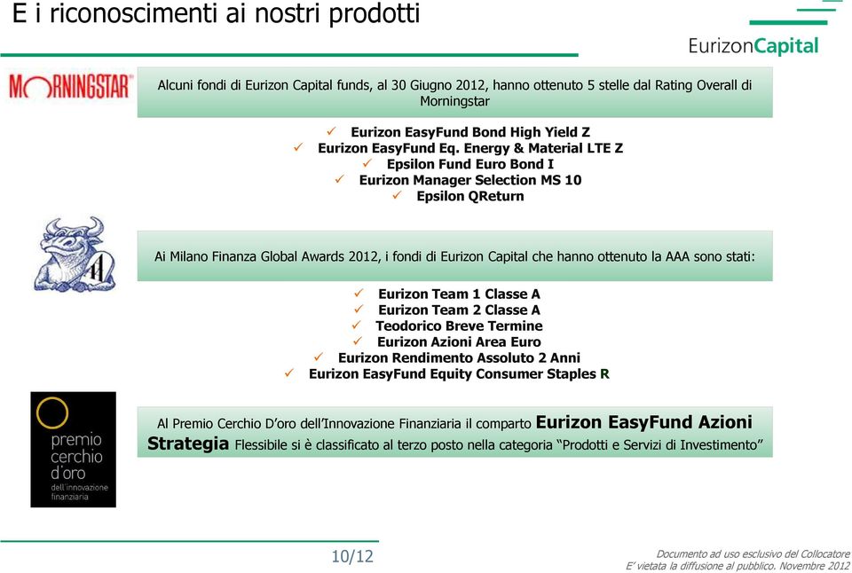 Energy & Material LTE Z Epsilon Fund Euro Bond I Eurizon Manager Selection MS 10 Epsilon QReturn Ai Milano Finanza Global Awards 2012, i fondi di Eurizon Capital che hanno ottenuto la AAA sono