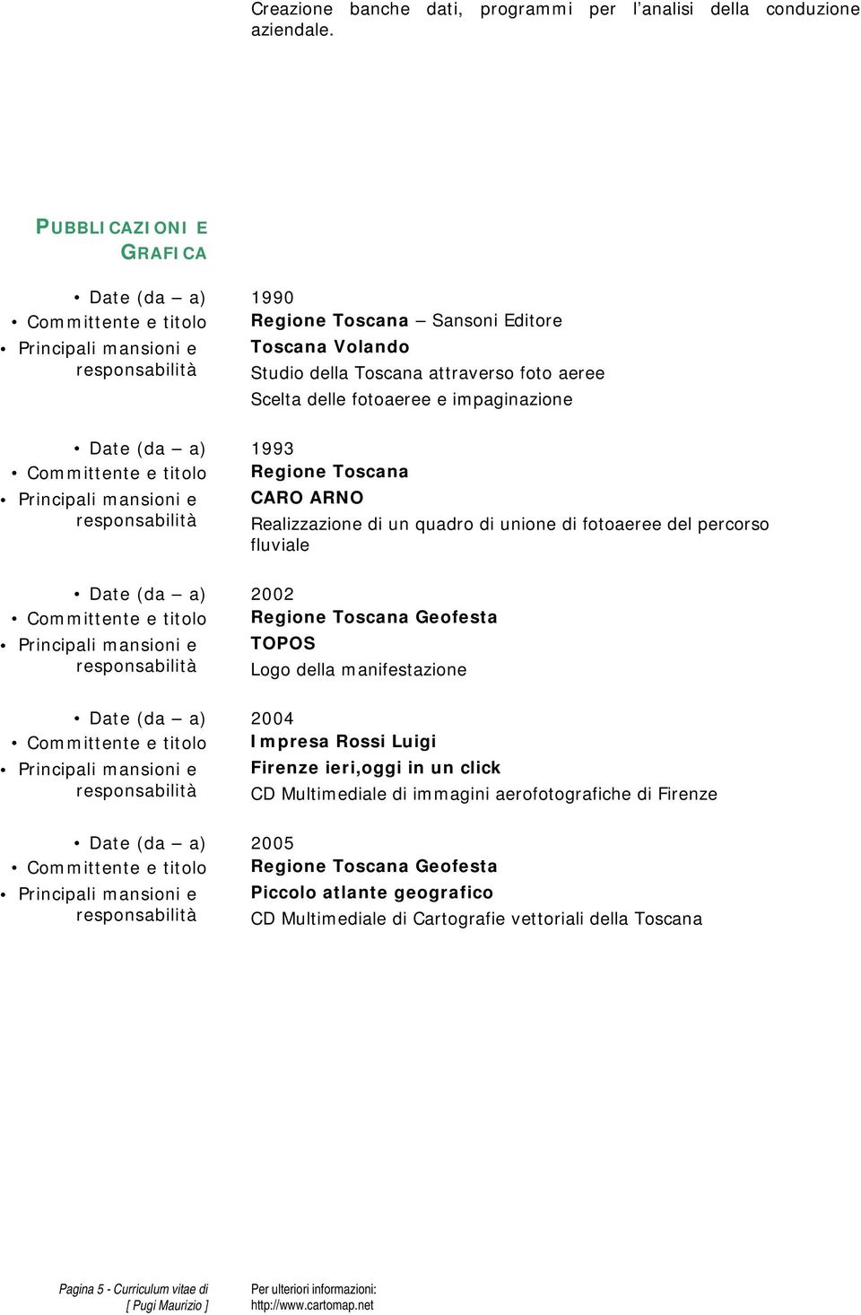 (da a) 1993 Committente e titolo Regione Toscana CARO ARNO Realizzazione di un quadro di unione di fotoaeree del percorso fluviale Date (da a) 2002 Committente e titolo Regione Toscana Geofesta TOPOS