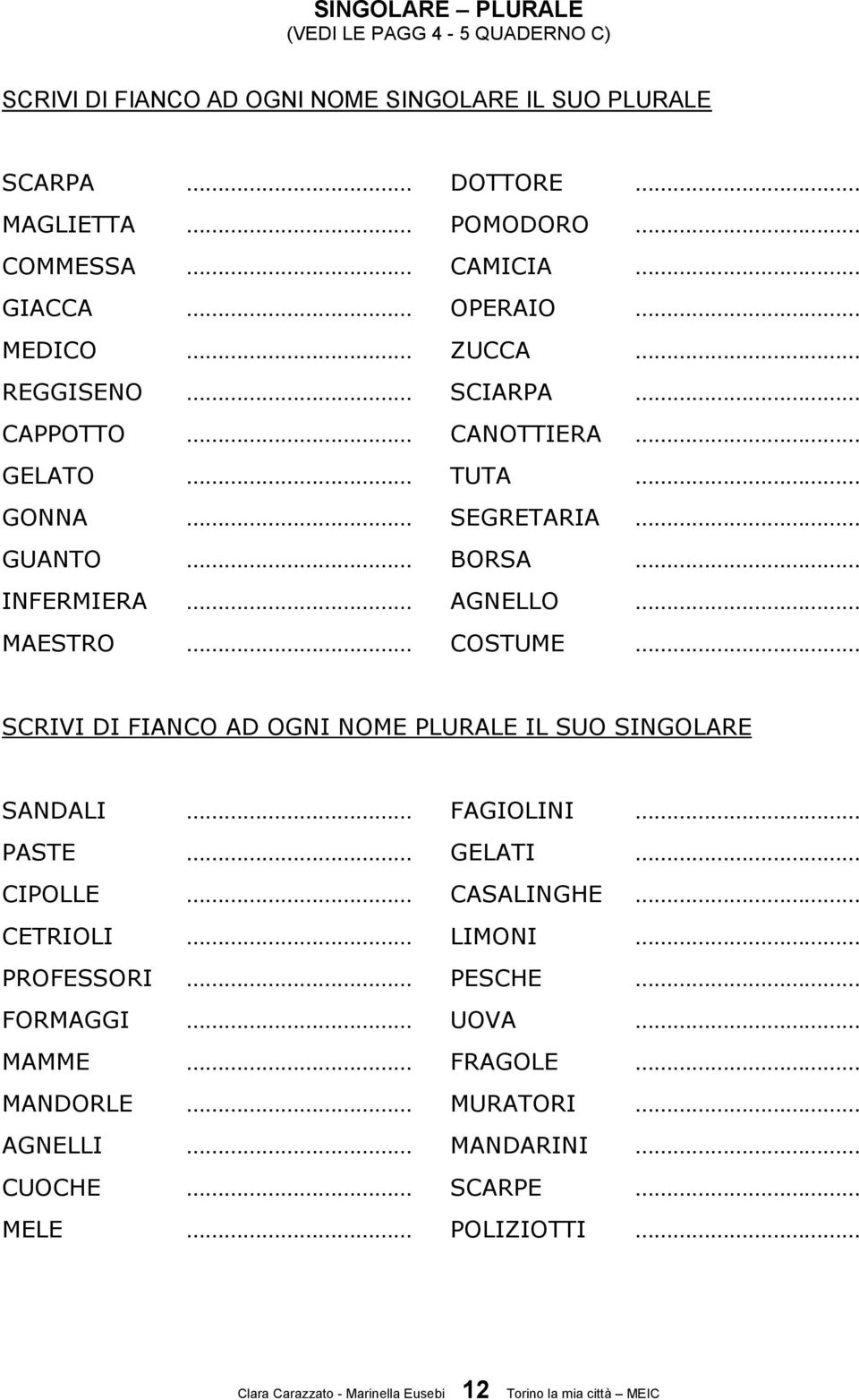 AGNELLO MAESTRO COSTUME SCRIVI DI FIANCO AD OGNI NOME PLURALE IL SUO SINGOLARE SANDALI FAGIOLINI PASTE GELATI CIPOLLE CASALINGHE CETRIOLI