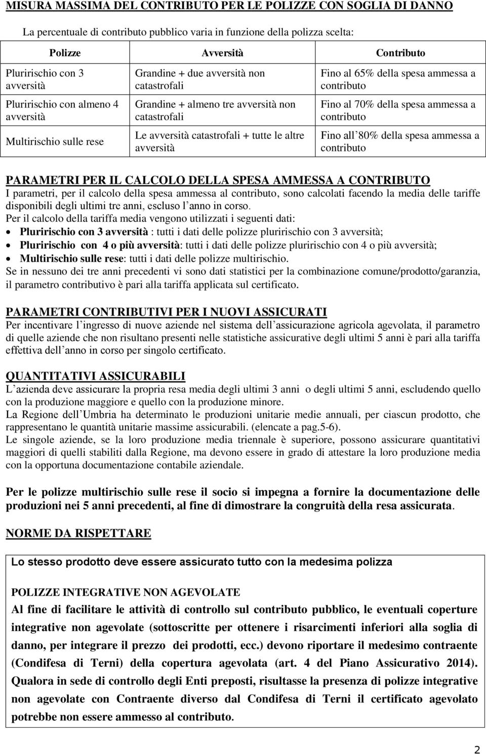 altre avversità Fino al 65% della spesa ammessa a contributo Fino al 70% della spesa ammessa a contributo Fino all 80% della spesa ammessa a contributo PARAMETRI PER IL CALCOLO DELLA SPESA AMMESSA A