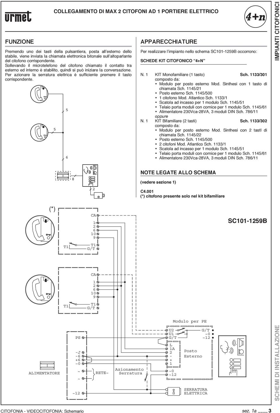 Per azionare la serratura elettrica è sufficiente premere il tasto corrispondente. APPARECCHIATURE Per realizzare l impianto nello schema SC0B occorrono: SCHEDE KIT CITOFONICO 4n N.