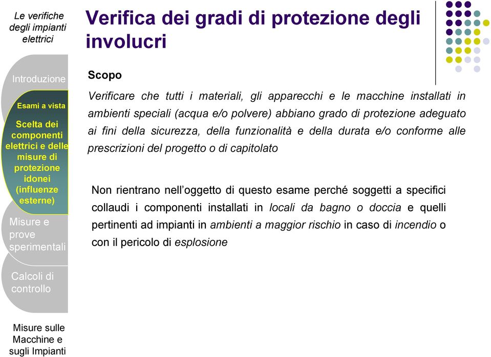 funzionalità e della durata e/o conforme alle prescrizioni del progetto o di capitolato Non rientrano nell oggetto di questo esame perché soggetti a specifici