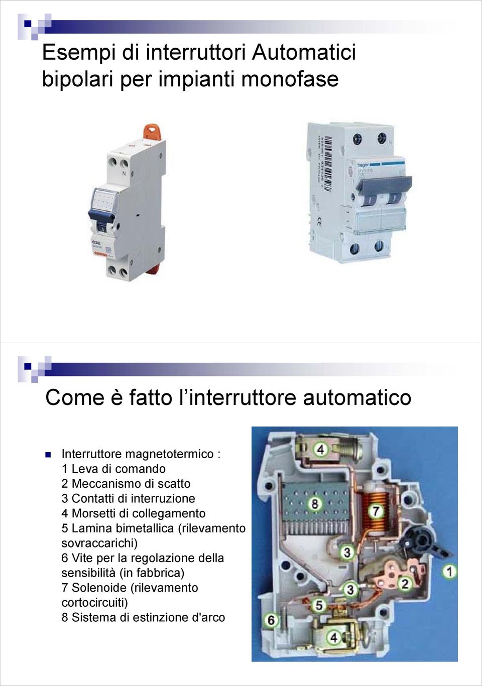 interruzione i 4 Morsetti di collegamento 5 Lamina bimetallica (rilevamento sovraccarichi) 6 Vite per