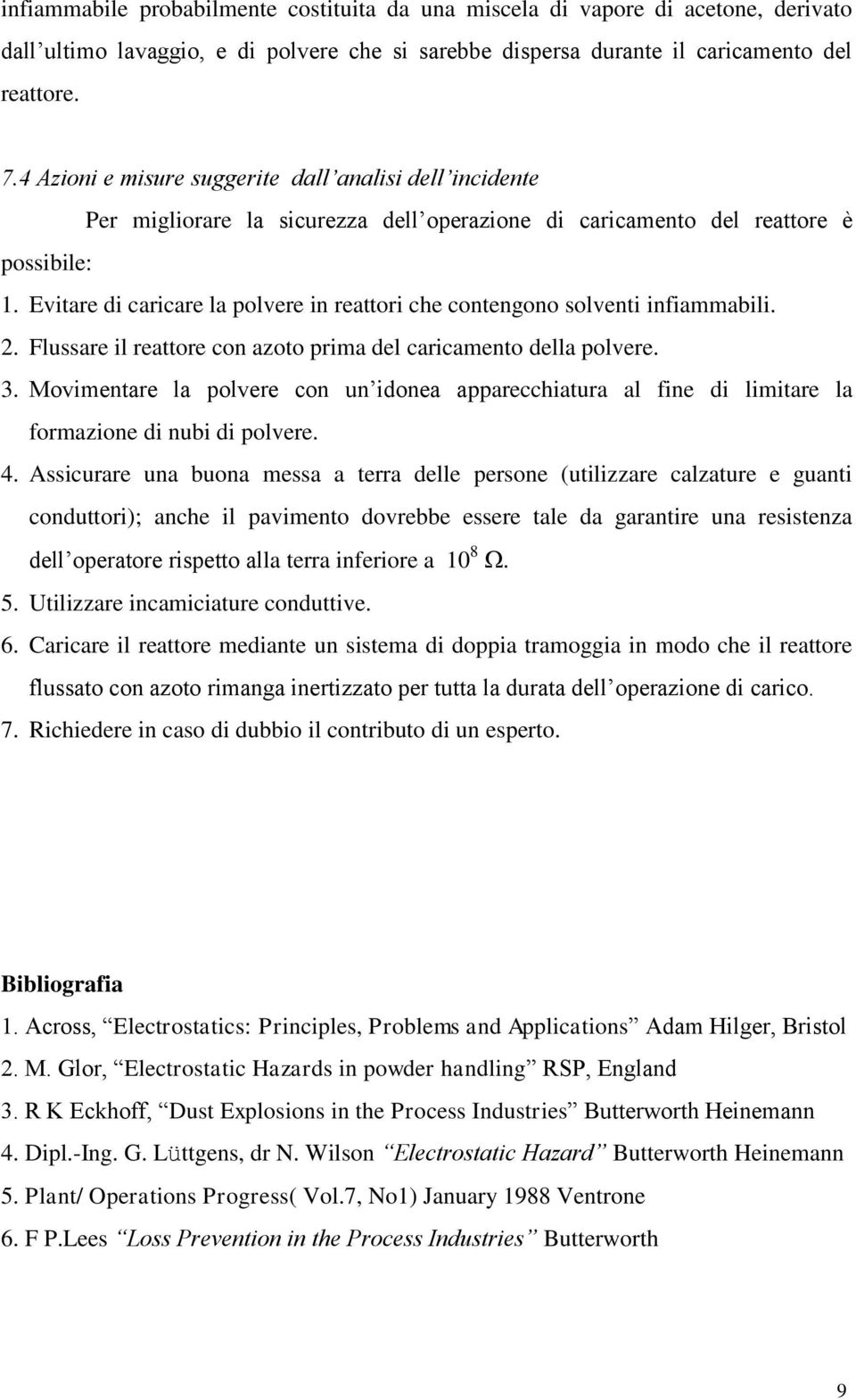 Evitare di caricare la polvere in reattori che contengono solventi infiammabili. 2. Flussare il reattore con azoto prima del caricamento della polvere. 3.