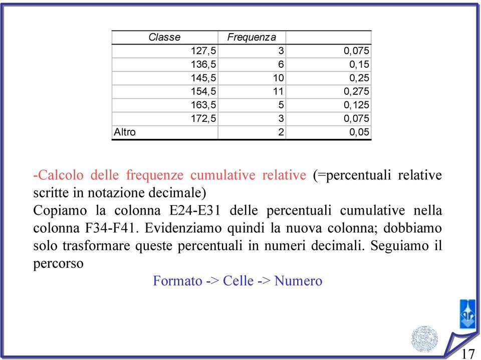 Copiamo la colonna E24-E31 delle percentuali cumulative nella colonna F34-F41.