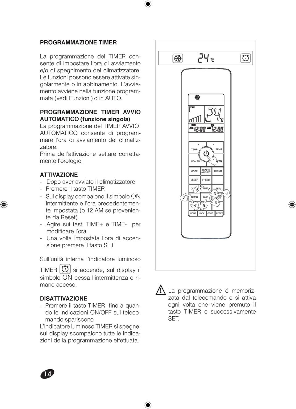 PROGRAMMAZIONE TIMER AVVIO AUTOMATICO (funzione singola) La programmazione del TIMER AVVIO AUTOMATICO consente di programmare l ora di avviamento del climatizzatore.