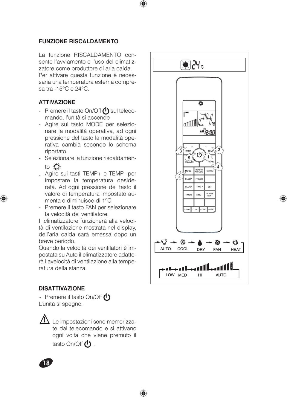 ATTIVAZIONE - Premere il tasto On/Off sul telecomando, l unità si accende - Agire sul tasto MODE per selezionare la modalità operativa, ad ogni pressione del tasto la modalità operativa cambia