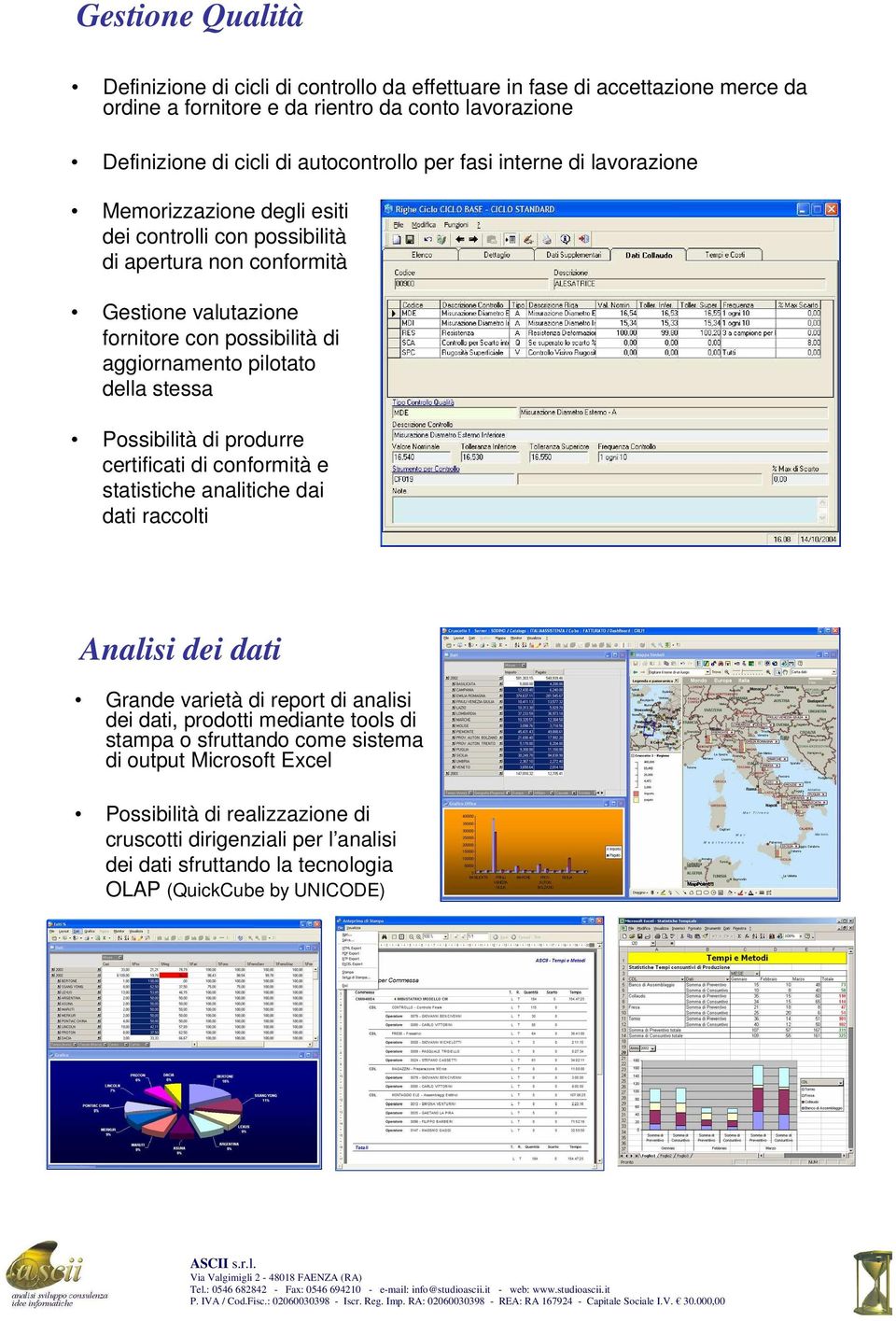 della stessa Possibilità di produrre certificati di conformità e statistiche analitiche dai dati raccolti Analisi dei dati Grande varietà di report di analisi dei dati, prodotti mediante