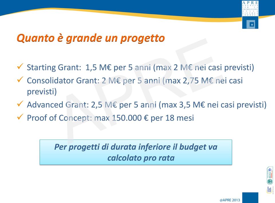 Advanced Grant: 2,5 M per 5 anni (max 3,5 M nei casi previsti) Proof of Concept: