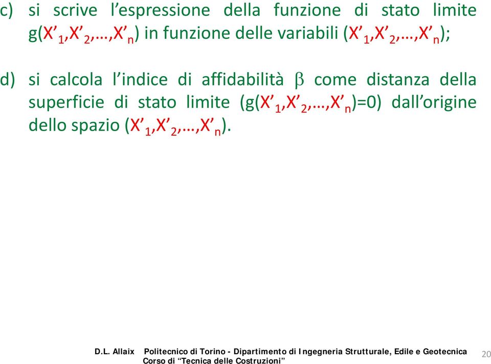 indice di affidabilità β come distanza della superficie di stato