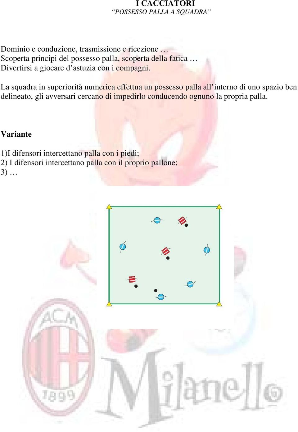 La squadra in superiorità numerica effettua un possesso palla all interno di uno spazio ben delineato, gli avversari