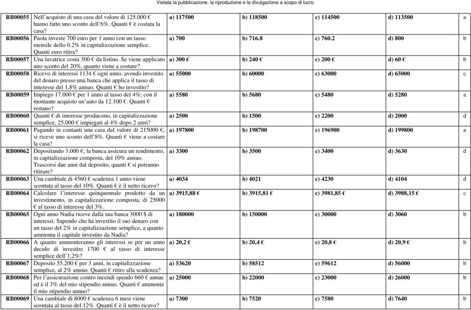 RB00057 Una lavatrice costa 300 da listino. Se viene applicato a) 300 b) 240 c) 200 d) 60 b uno sconto del 20%, quanto viene a costare?