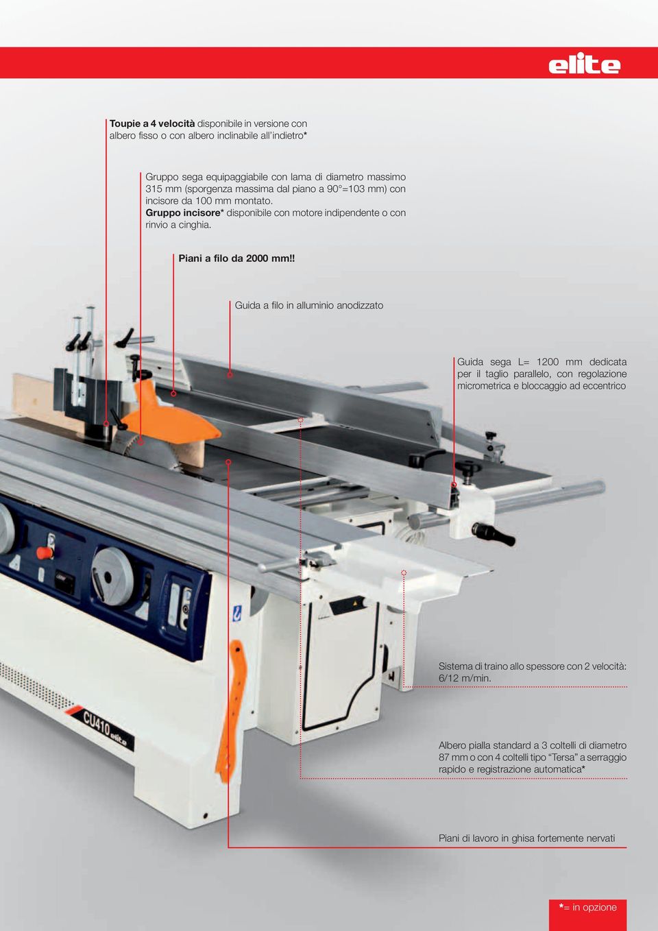 ! Guida a filo in alluminio anodizzato Guida sega L= 1200 mm dedicata per il taglio parallelo, con regolazione micrometrica e bloccaggio ad eccentrico Sistema di traino allo spessore