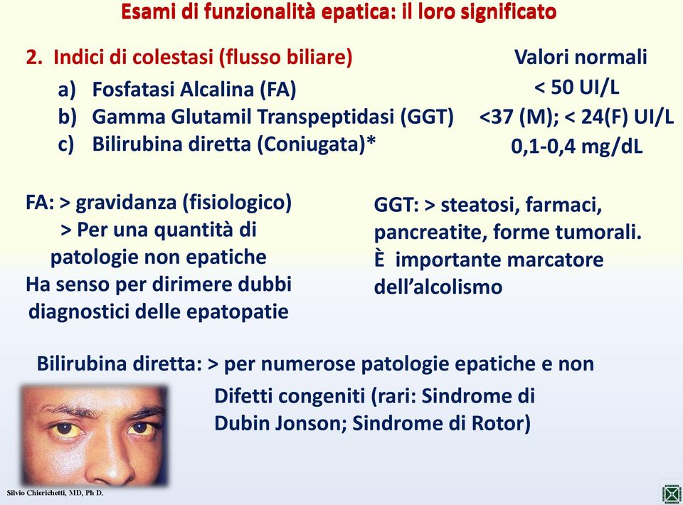 normali < 50 UI/L <37 (M); < 24(F) UI/L 0,1-0,4 mg/dl FA: > gravidanza (fisiologico) > Per una quantità di patologie non epatiche Ha senso per dirimere