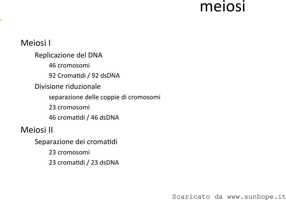 23 cromosomi 46 croma@di / 46 dsdna Meiosi II Separazione dei
