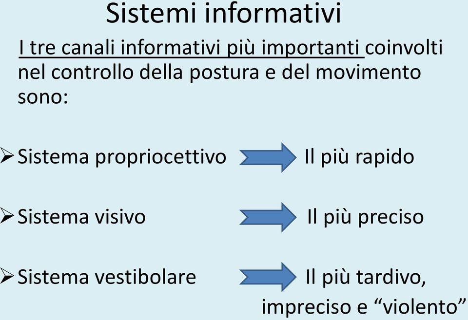 Sistema propriocettivo Sistema visivo Sistema vestibolare Il