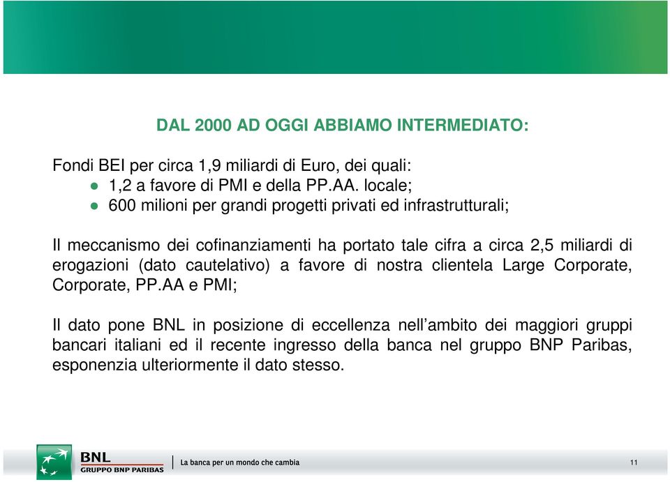 miliardi di erogazioni (dato cautelativo) a favore di nostra clientela Large Corporate, Corporate, PP.