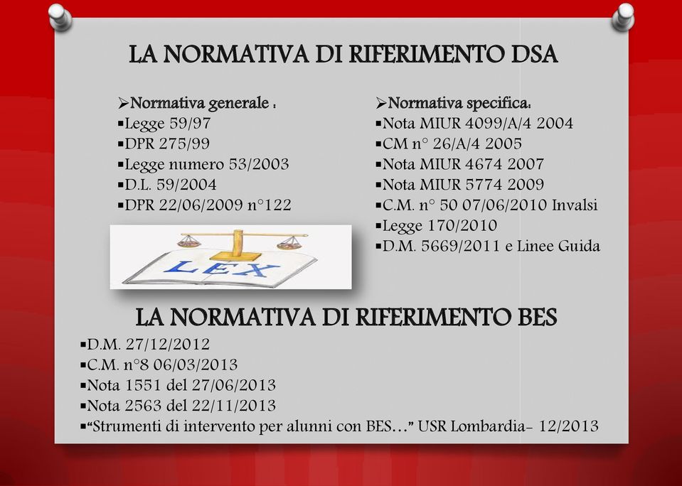 M. 5669/2011 e Linee Guida LA NORMATIVA DI RIFERIMENTO BES D.M. 27/12/2012 C.M. n 8 06/03/2013 Nota 1551 del 27/06/2013
