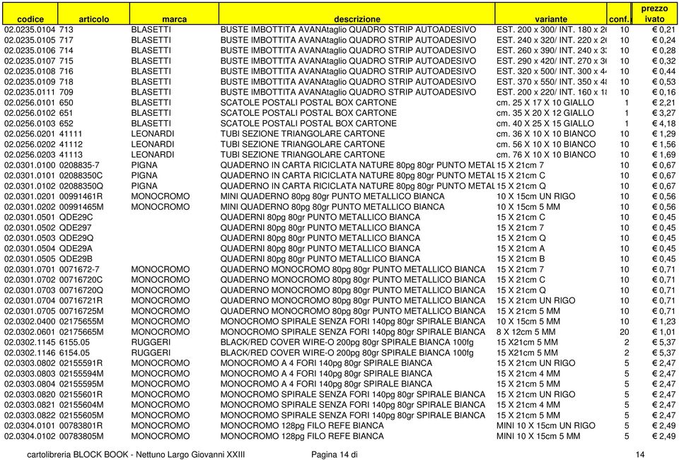 290 x 420/ INT. 270 x 360 10 0,32 02.0235.0108 716 BLASETTI BUSTE IMBOTTITA AVANAtaglio QUADRO STRIP AUTOADESIVO EST. 320 x 500/ INT. 300 x 440 10 0,44 02.0235.0109 718 BLASETTI BUSTE IMBOTTITA AVANAtaglio QUADRO STRIP AUTOADESIVO EST.