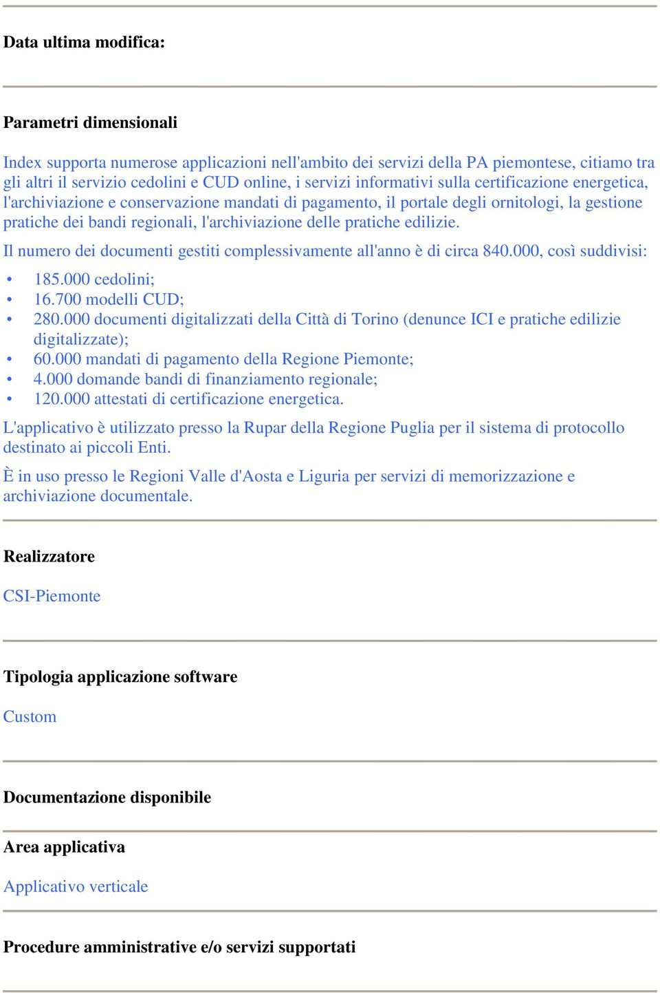 pratiche edilizie. Il numero dei documenti gestiti complessivamente all'anno è di circa 840.000, così suddivisi: 185.000 cedolini; 16.700 modelli CUD; 280.