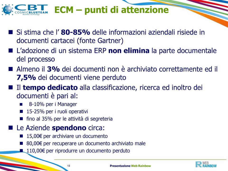 dedicato alla classificazione, ricerca ed inoltro dei documenti è pari al: 8-10% per i Manager 15-25% per i ruoli operativi fino al 35% per le attività di