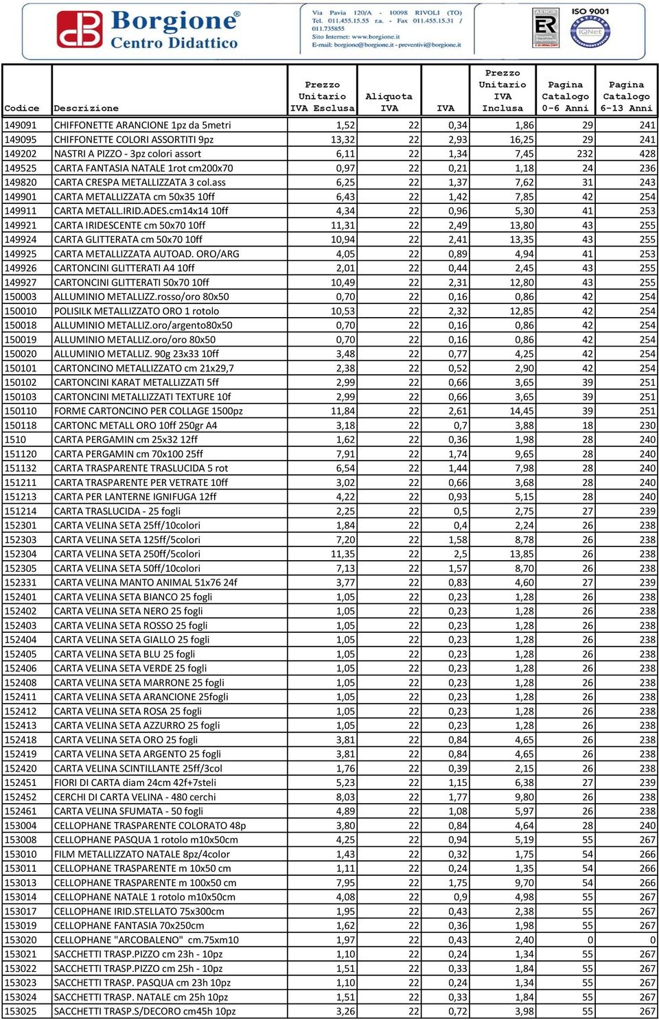 ass 6,25 22 1,37 7,62 31 243 149901 CARTA METALLIZZATA cm 50x35 10ff 6,43 22 1,42 7,85 42 254 149911 CARTA METALL.IRID.ADES.