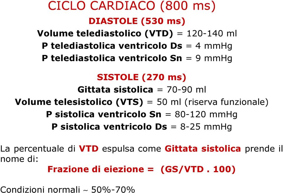 50 ml (riserva funzionale) P sistolica ventricolo Sn = 80-120 mmhg P sistolica ventricolo Ds = 8-25 mmhg La percentuale