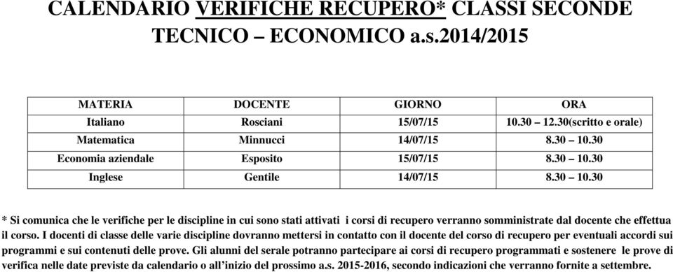 verifiche per le discipline in cui sono stati attivati i corsi di recupero verranno somministrate dal docente che effettua il corso.