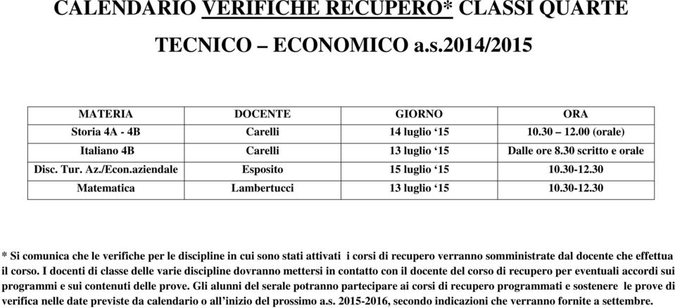 aziendale Esposito 15 luglio 15 Matematica Lambertucci 13 luglio 15 * Si comunica che le verifiche per le discipline in cui sono stati attivati i corsi di recupero verranno somministrate dal docente