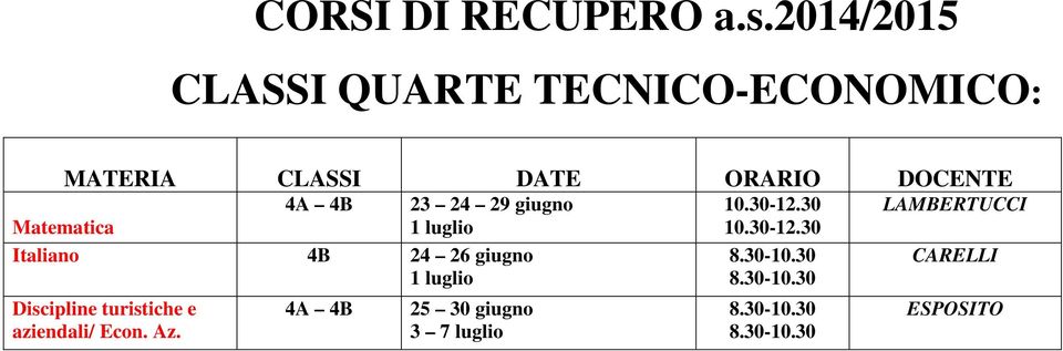 DOCENTE 4A 4B 23 24 29 giugno Matematica 1 luglio Italiano 4B 24 26