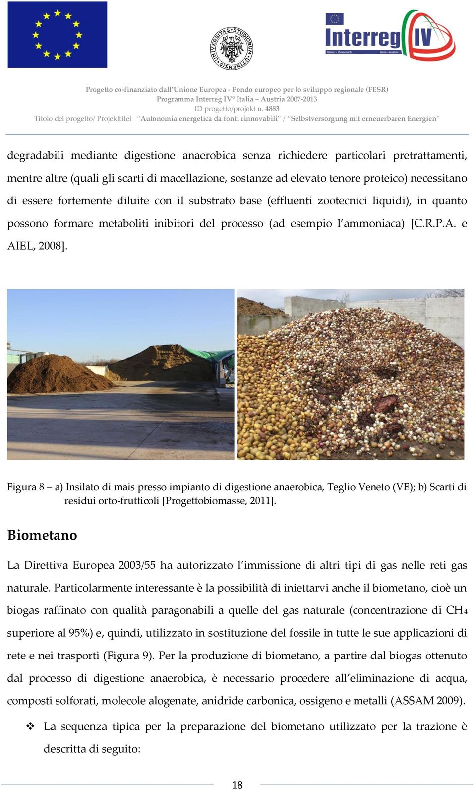 Figura 8 a) Insilato di mais presso impianto di digestione anaerobica, Teglio Veneto (VE); b) Scarti di residui orto-frutticoli [Progettobiomasse, 2011].
