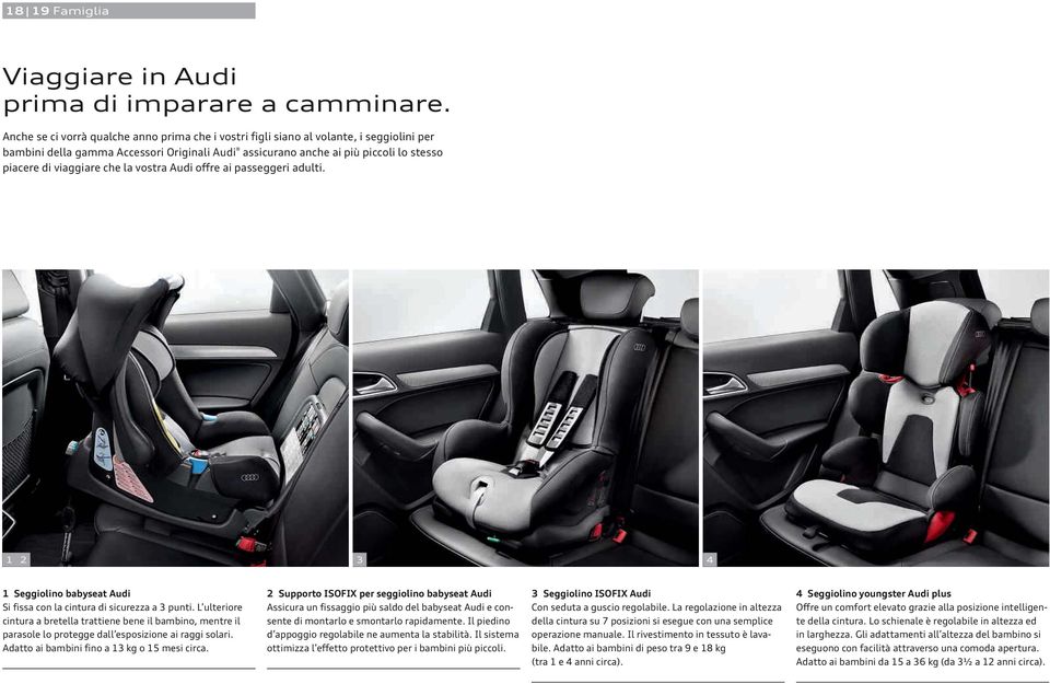 che la vostra Audi offre ai passeggeri adulti. 1 2 3 4 1 Seggiolino babyseat Audi Si fissa con la cintura di sicurezza a 3 punti.