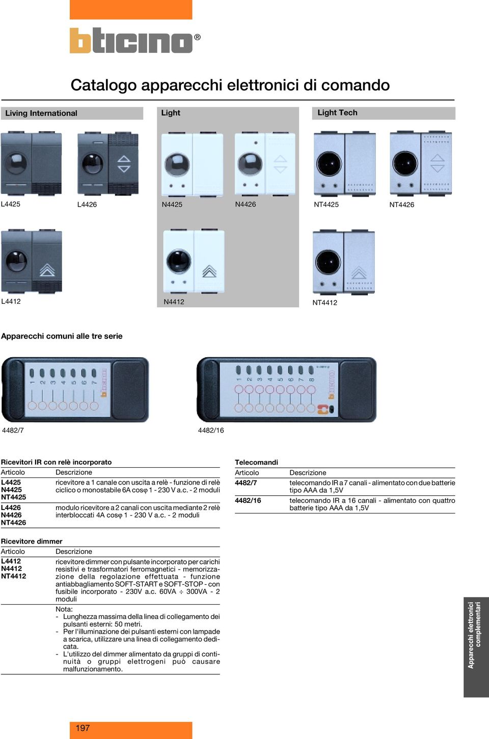 c. - 2 moduli Telecomandi 4482/7 telecomando IR a 7 canali - alimentato con due batterie tipo da 1,5V 4482/16 telecomando IR a 16 canali - alimentato con quattro batterie tipo da 1,5V Ricevitore