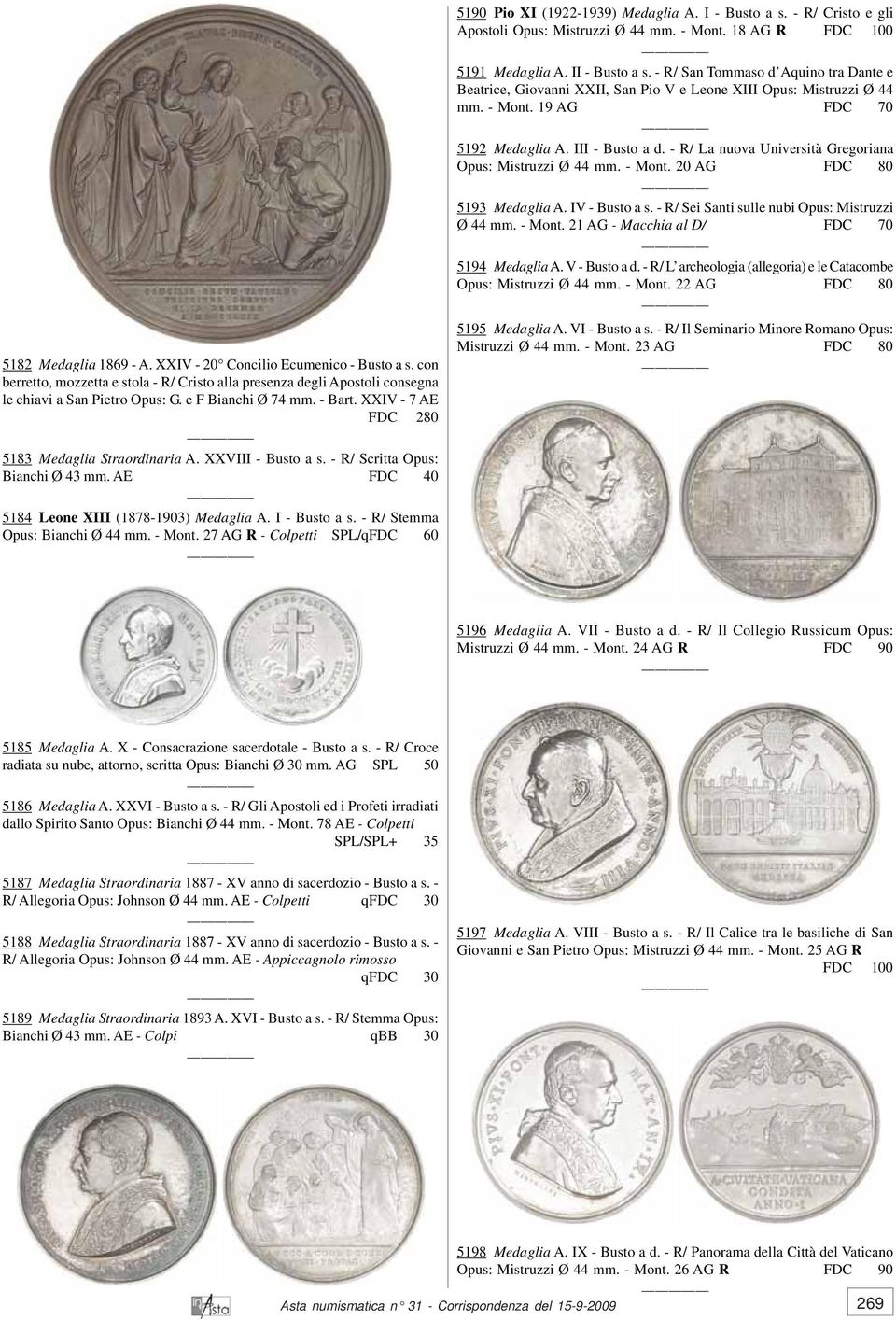 - R/ La nuova Università Gregoriana Opus: Mistruzzi Ø 44 mm. - Mont. 20 AG FDC 80 5193 Medaglia A. IV - Busto a s. - R/ Sei Santi sulle nubi Opus: Mistruzzi Ø 44 mm. - Mont. 21 AG - Macchia al D/ FDC 70 5194 Medaglia A.