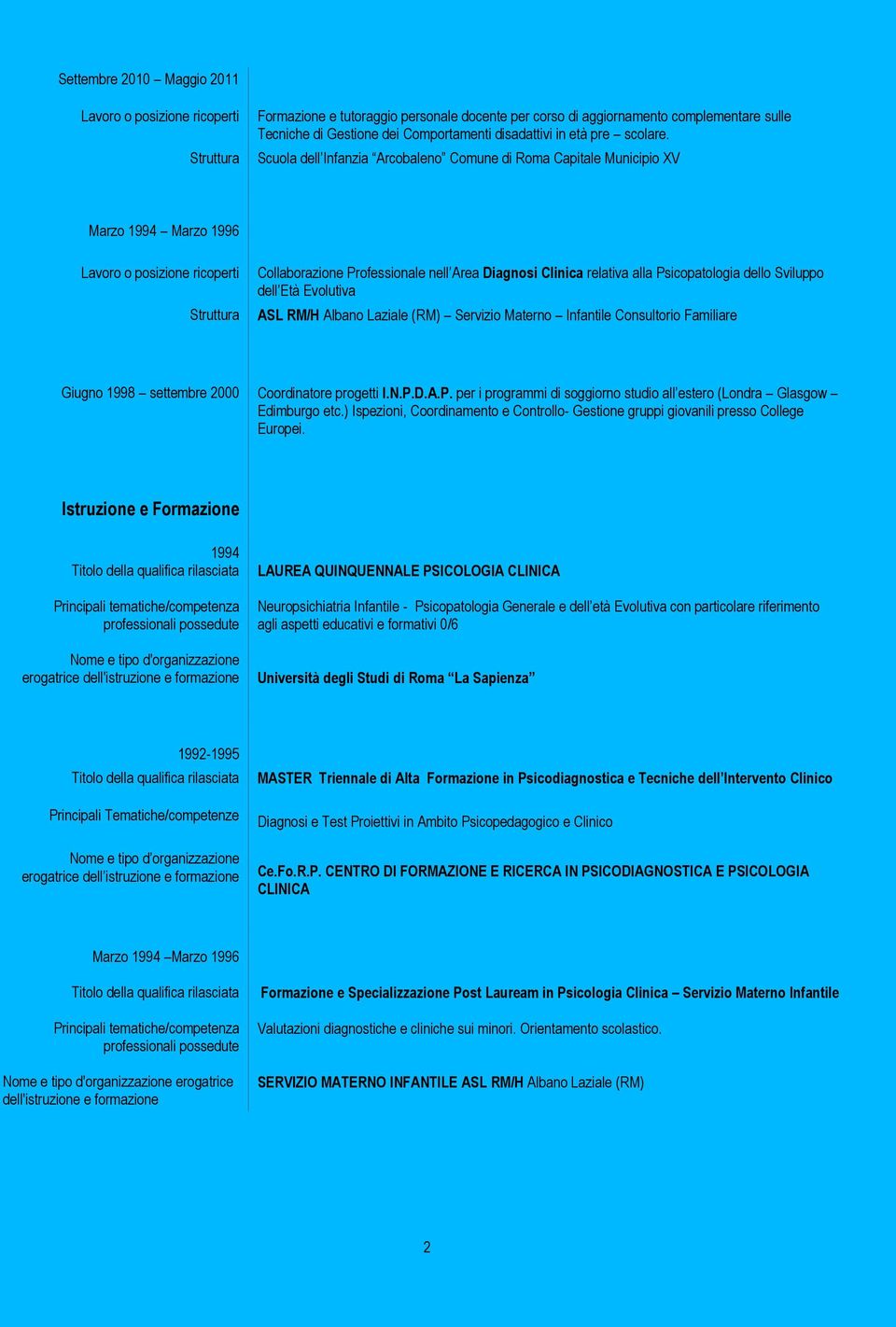 Sviluppo dell Età Evolutiva ASL RM/H Albano Laziale (RM) Servizio Materno Infantile Consultorio Familiare Giugno 1998 settembre 2000 Coordinatore progetti I.N.P.