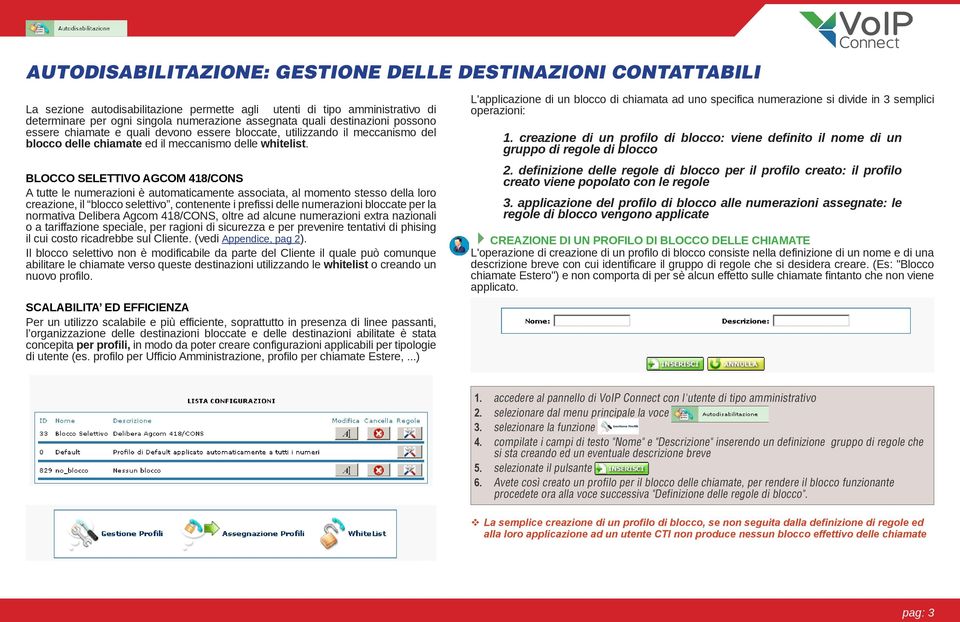 BLOCCO SELETTIVO AGCOM 418/CONS A tutte le numerazioni è automaticamente associata, al momento stesso della loro creazione, il blocco selettivo, contenente i prefissi delle numerazioni bloccate per