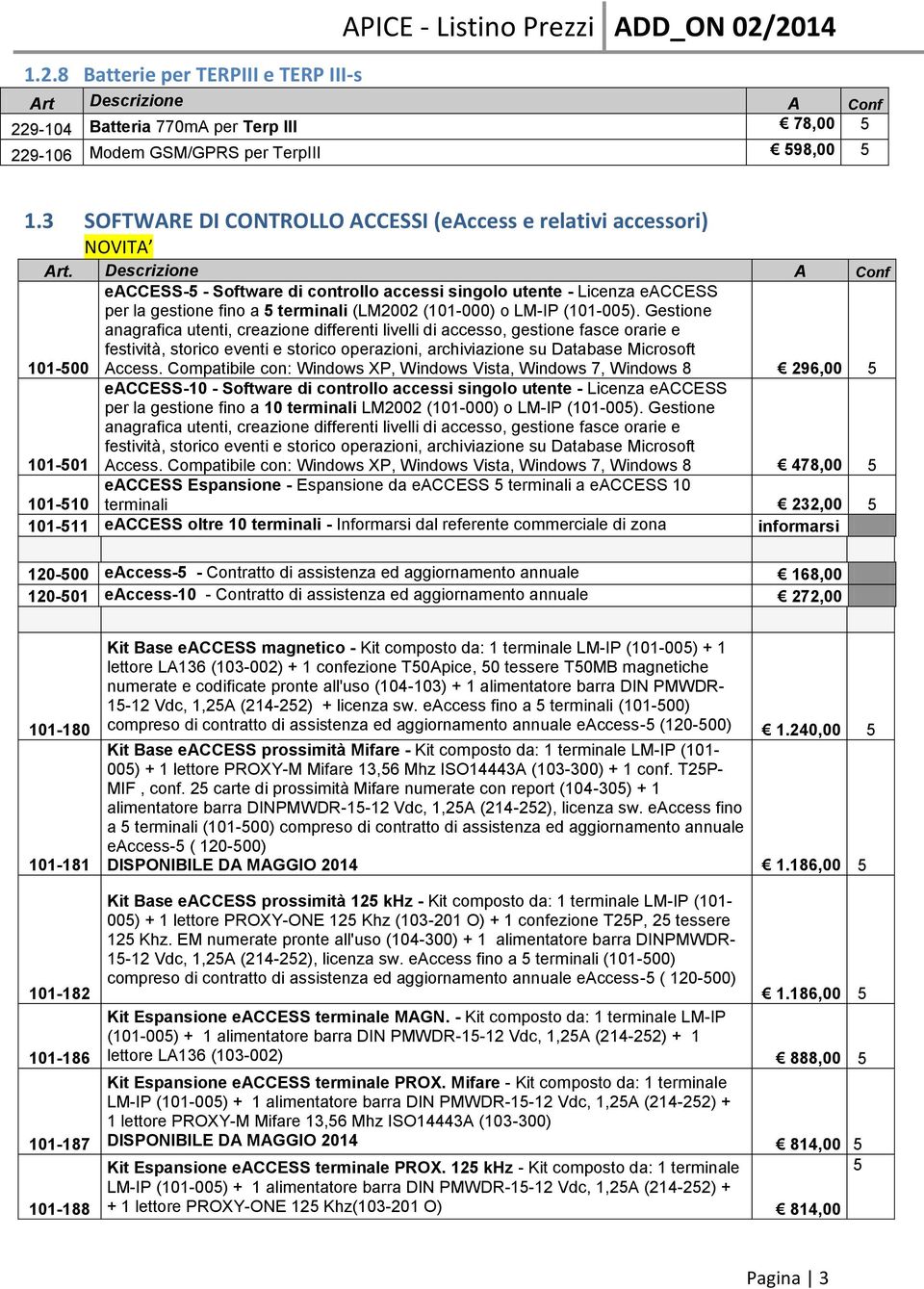 Descrizione A Conf 101-00 eaccess- - Software di controllo accessi singolo utente - Licenza eaccess per la gestione fino a terminali (LM2002 (101-000) o LM-IP (101-00).