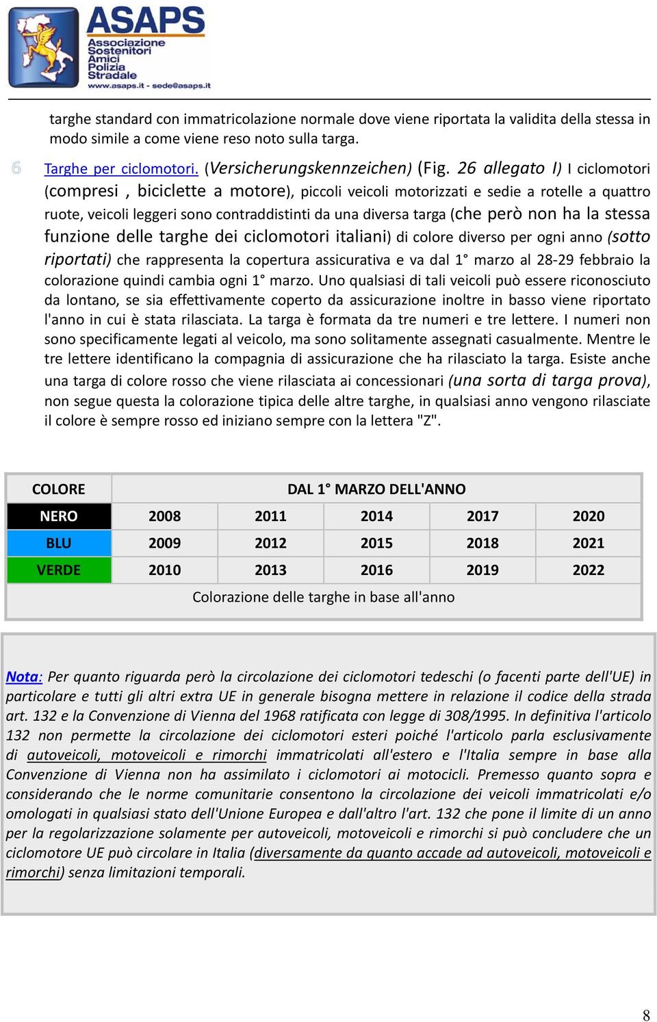 la stessa funzione delle targhe dei ciclomotori italiani) di colore diverso per ogni anno (sotto riportati) che rappresenta la copertura assicurativa e va dal 1 marzo al 28 29 febbraio la colorazione