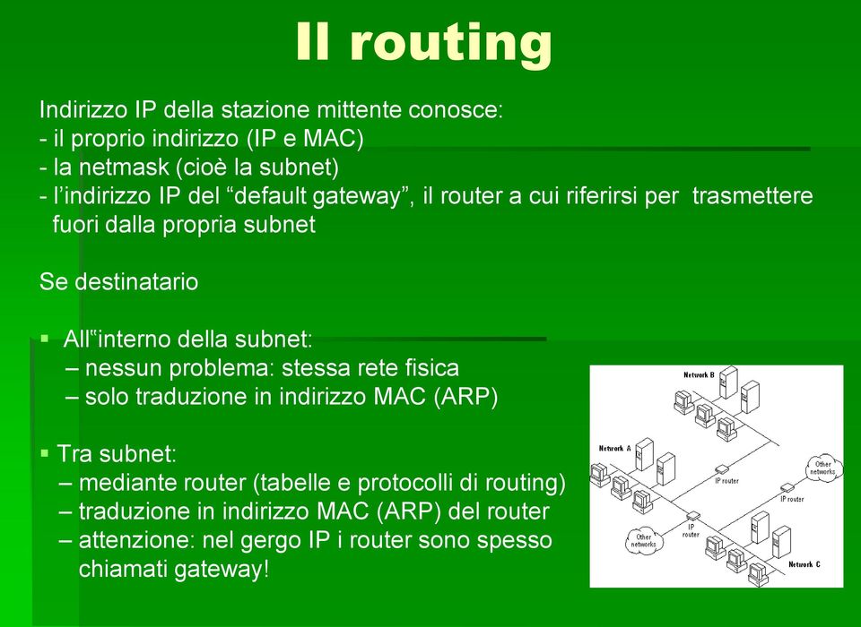 interno della subnet: nessun problema: stessa rete fisica solo traduzione in indirizzo MAC (ARP) Tra subnet: mediante router