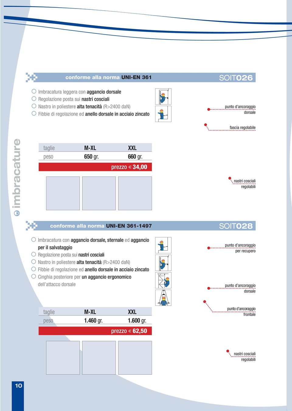 prezzo 34,00 nastri cosciali regolabili conforme alla norma UNI-EN 361-1497 Imbracatura con aggancio dorsale, sternale ed aggancio per il salvataggio Regolazione posta sui nastri cosciali Nastro in
