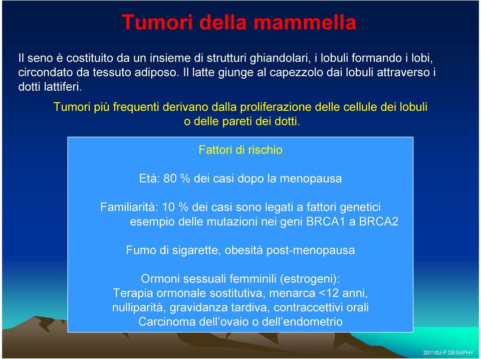 Fattori di rischio Età: 80 % dei casi dopo la menopausa Familiarità: 10 % dei casi sono legati a fattori genetici esempio delle mutazioni nei geni BRCA1 a BRCA2 Fumo di