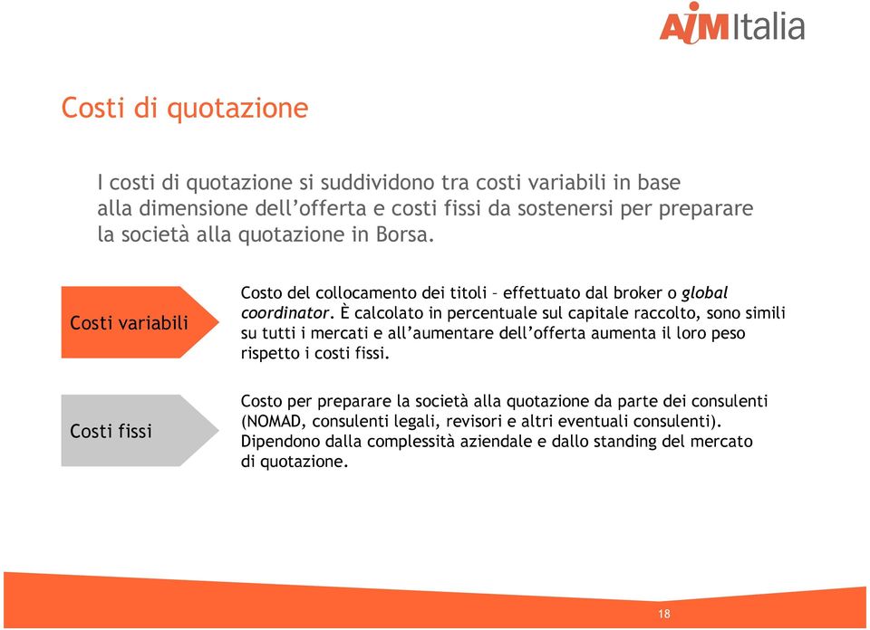 È calcolato in percentuale sul capitale raccolto, sono simili su tutti i mercati e all aumentare dell offerta aumenta il loro peso rispetto i costi fissi.