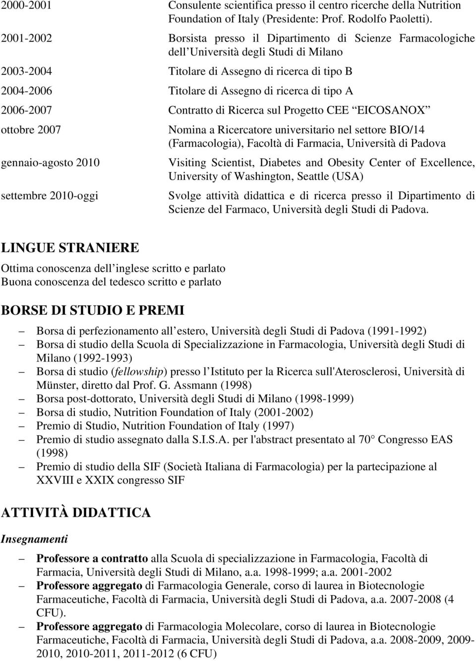 di tipo A 2006-2007 Contratto di Ricerca sul Progetto CEE EICOSANOX ottobre 2007 Nomina a Ricercatore universitario nel settore BIO/14 (Farmacologia), Facoltà di Farmacia, Università di Padova