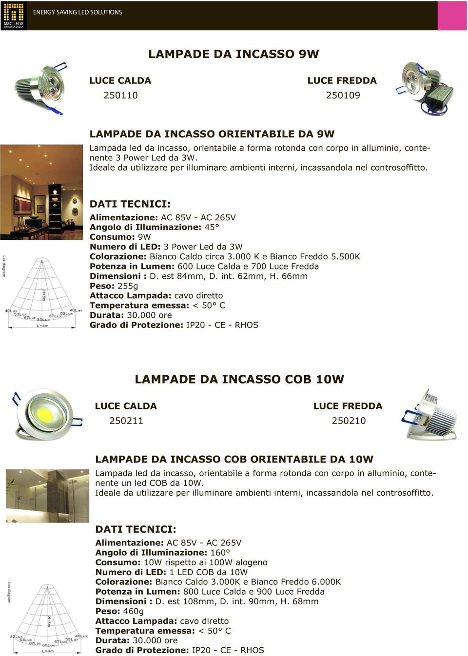 500K Potenza in Lumen: 600 Luce Calda e 700 Luce Fredda Dimensioni : D. est 84mm, D. int. 62mm, H.