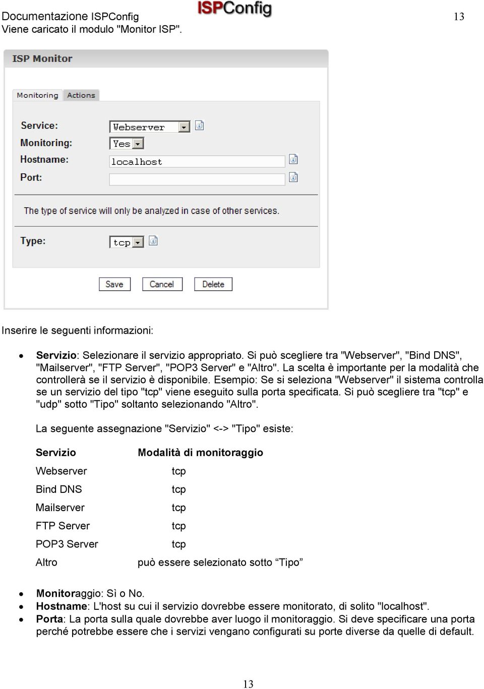Esempio: Se si seleziona "Webserver" il sistema controlla se un servizio del tipo "tcp" viene eseguito sulla porta specificata.