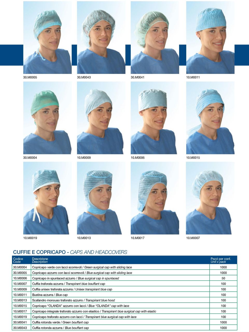 M0006 Copricapo in spunlaced azzurro / Blue surgical cap in spunlaced 50 10.M0007 Cuffia traforata azzurra / Transpirant blue bouffant cap 100 10.