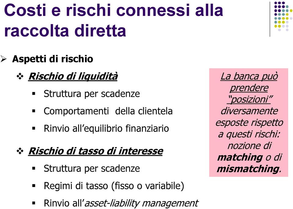 Struttura per scadenze Regimi di tasso (fisso o variabile) La banca può prendere posizioni diversamente