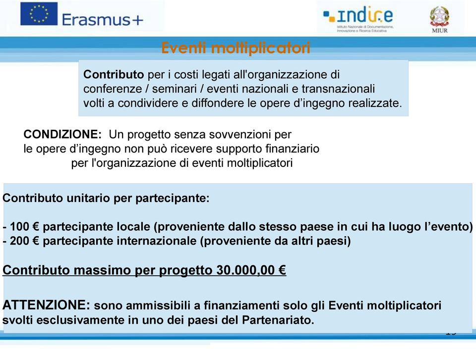 CONDIZIONE: Un progetto senza sovvenzioni per le opere d ingegno non può ricevere supporto finanziario per l'organizzazione di eventi moltiplicatori Contributo unitario per